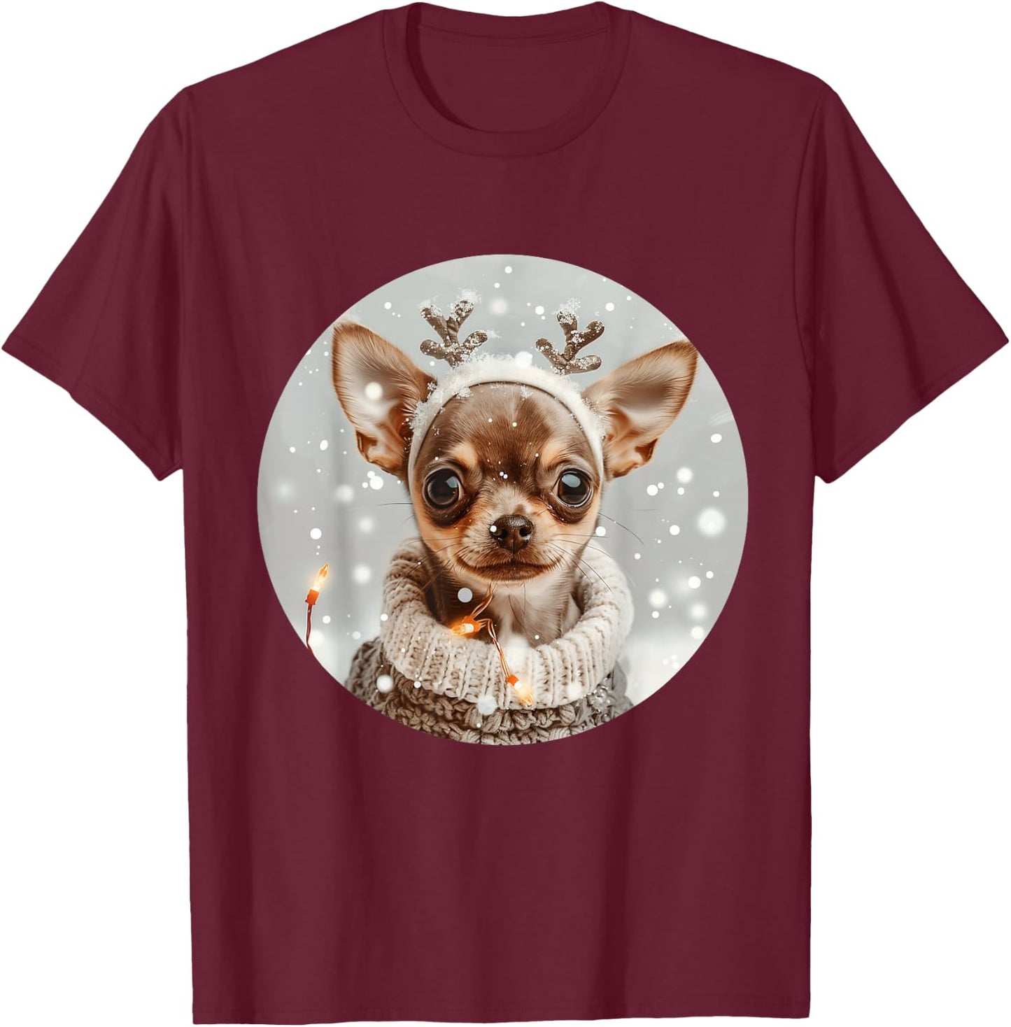 Cute Reindeer Chihuahua Dog Snow Christmas Puppy Snowflakes T-Shirt - T-Shirt | Maroon