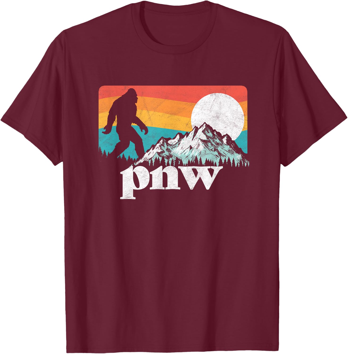 PNW Pacific Northwest Bigfoot Mountains Retro 80s Graphic T-Shirt - T-Shirt | Maroon
