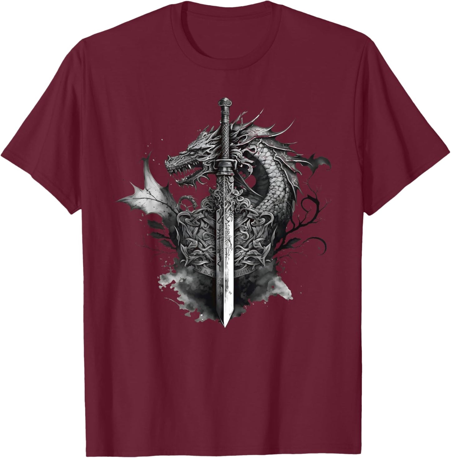 Dragon Sword Roses Tattoo Art Style Medieval Dark Fantasy T-Shirt - T-Shirt | Maroon
