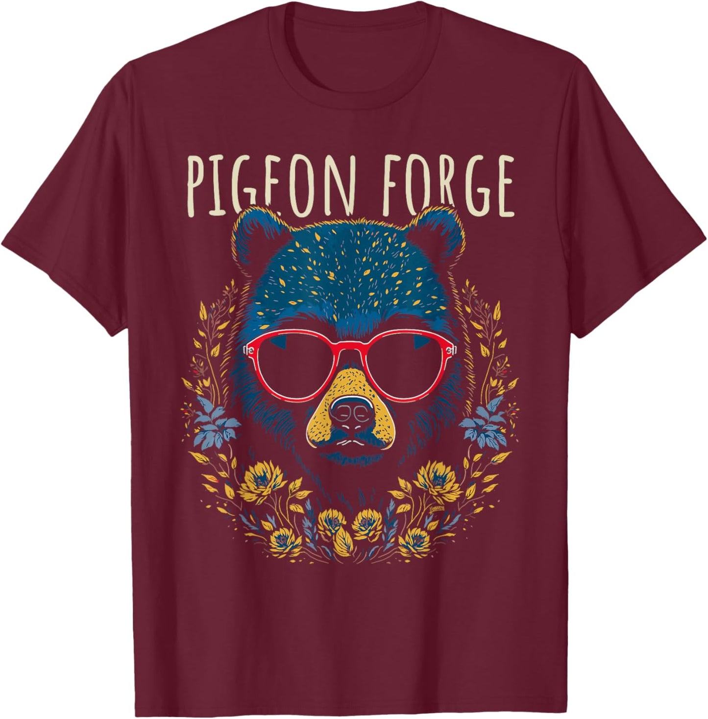 Pigeon Forge TN Fun Bear Wearing Glasses with Flowers Design T-Shirt - T-Shirt | Maroon