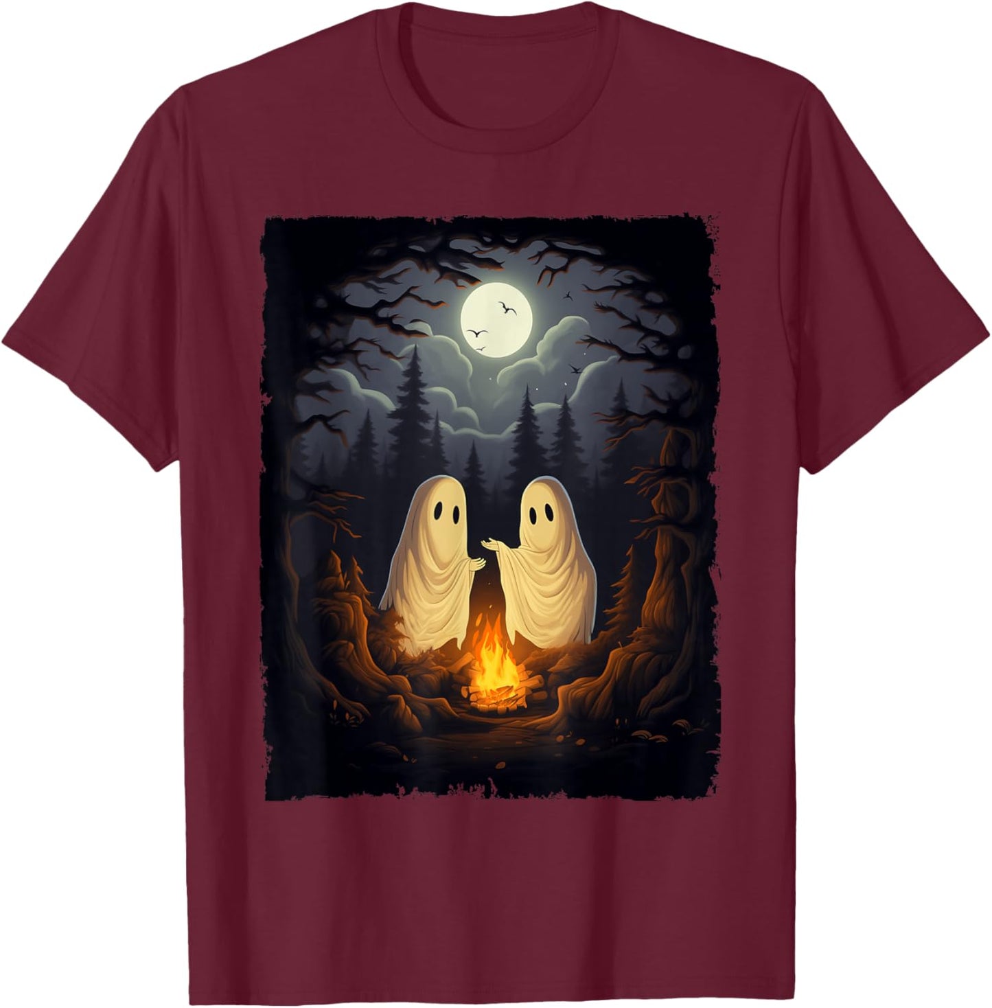 Vintage Ghost Camping Campfire Gothic Halloween Men Women T-Shirt - T-Shirt | Maroon