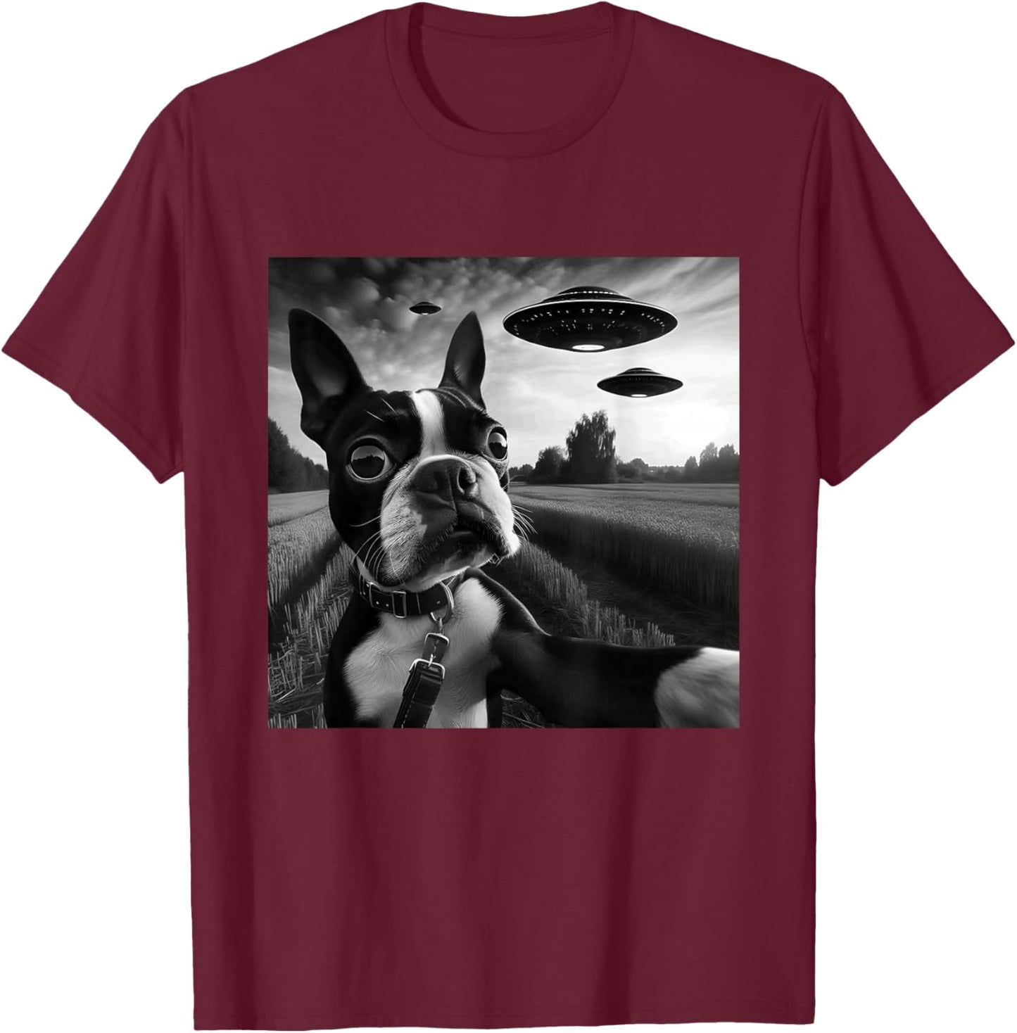 Boston Terrier Funny Graphic Selfie with UFOs Weird Aliens T-Shirt - T-Shirt | Maroon