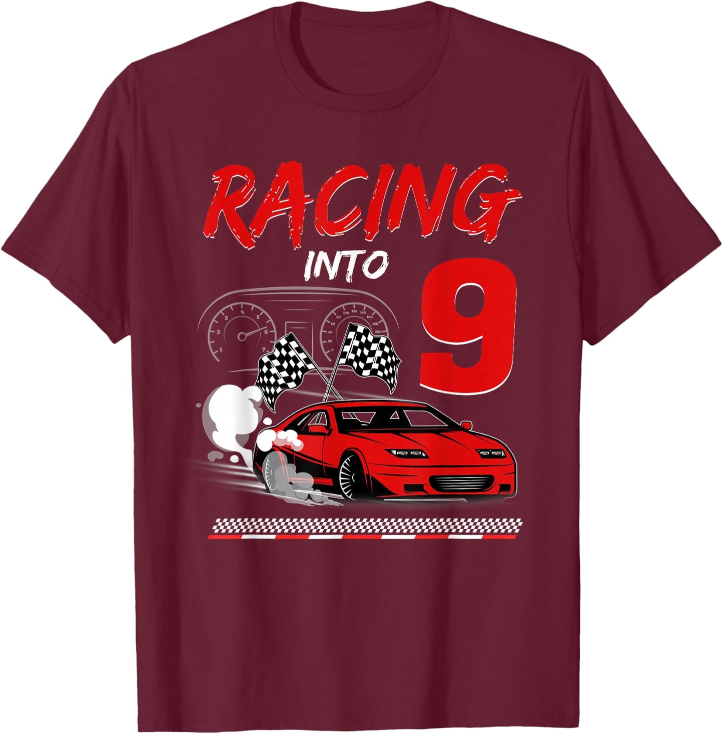 Racing into 9 Year Old Birthday Race Car 9th Boy Party T-Shirt - T-Shirt | Maroon