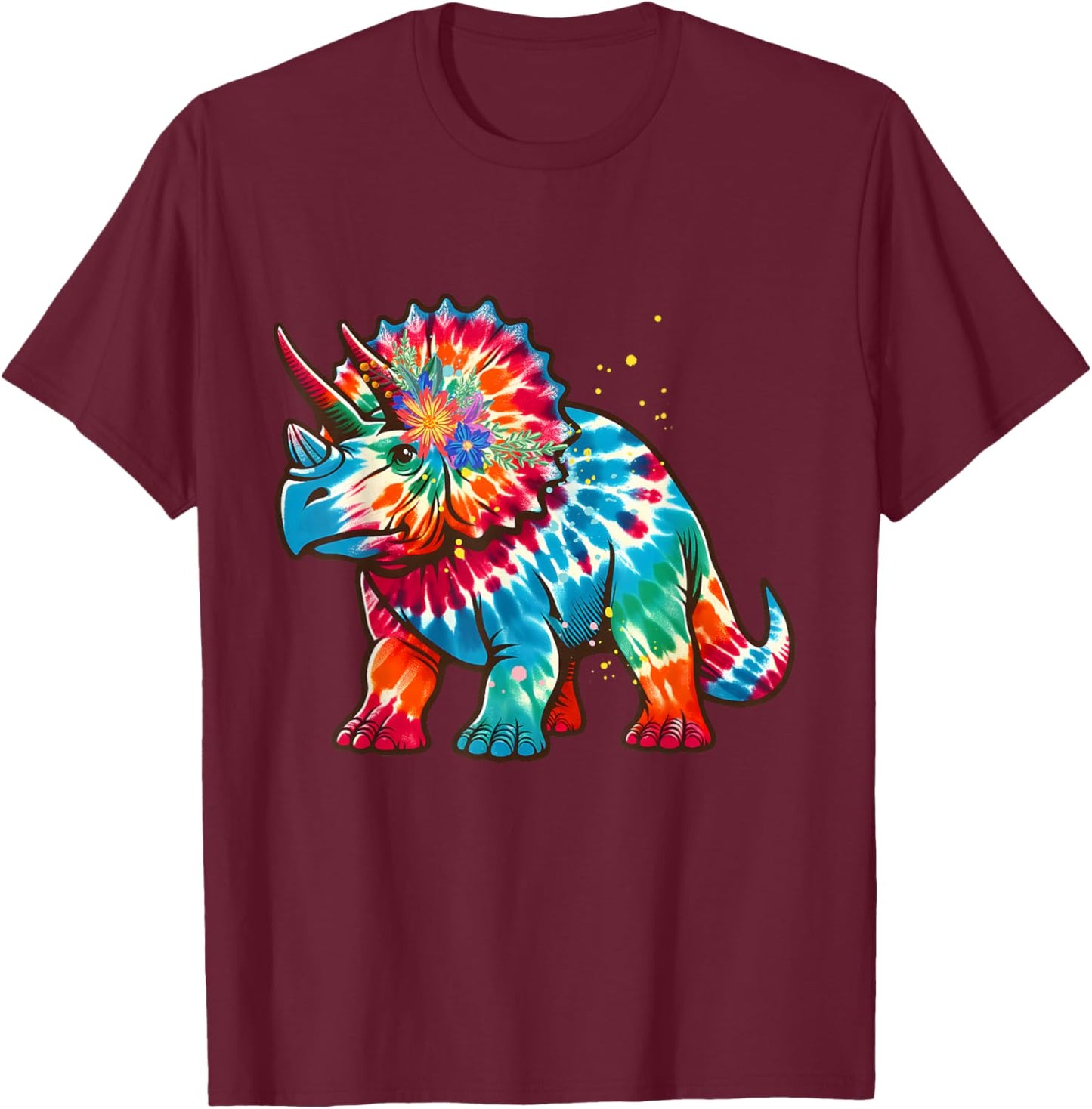 Tie Dye Color Triceratops Tie Dyed Dinosaur Prehistoric Dino T-Shirt - T-Shirt | Maroon