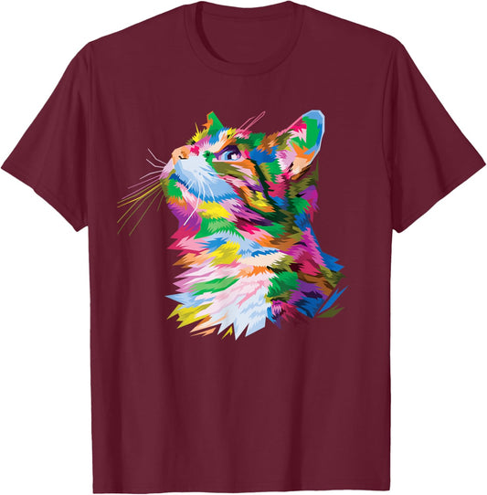 Cute Colorful Cat head for Kitten Lover art Kitty cats T-Shirt - T-Shirt | Maroon