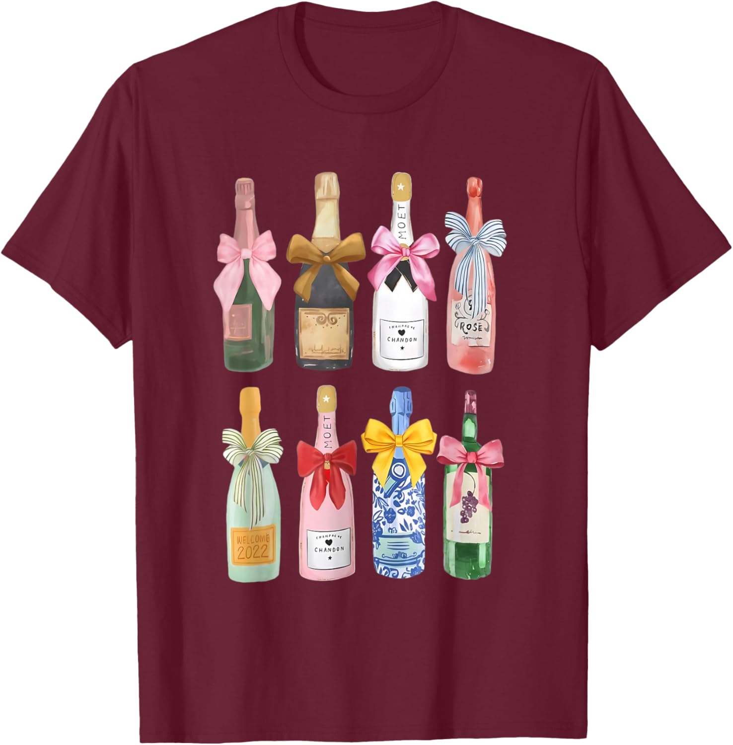 Christmas Champagne Cool Glass Coquette Bottle T-Shirt - T-Shirt | Maroon