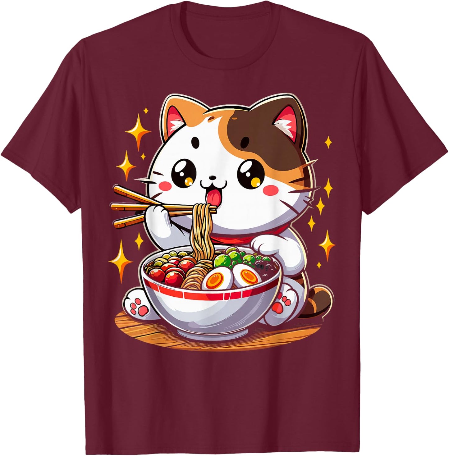 Cat Ramen Noodles Anime Kawaii Japanese Cat T-Shirt - T-Shirt | Maroon