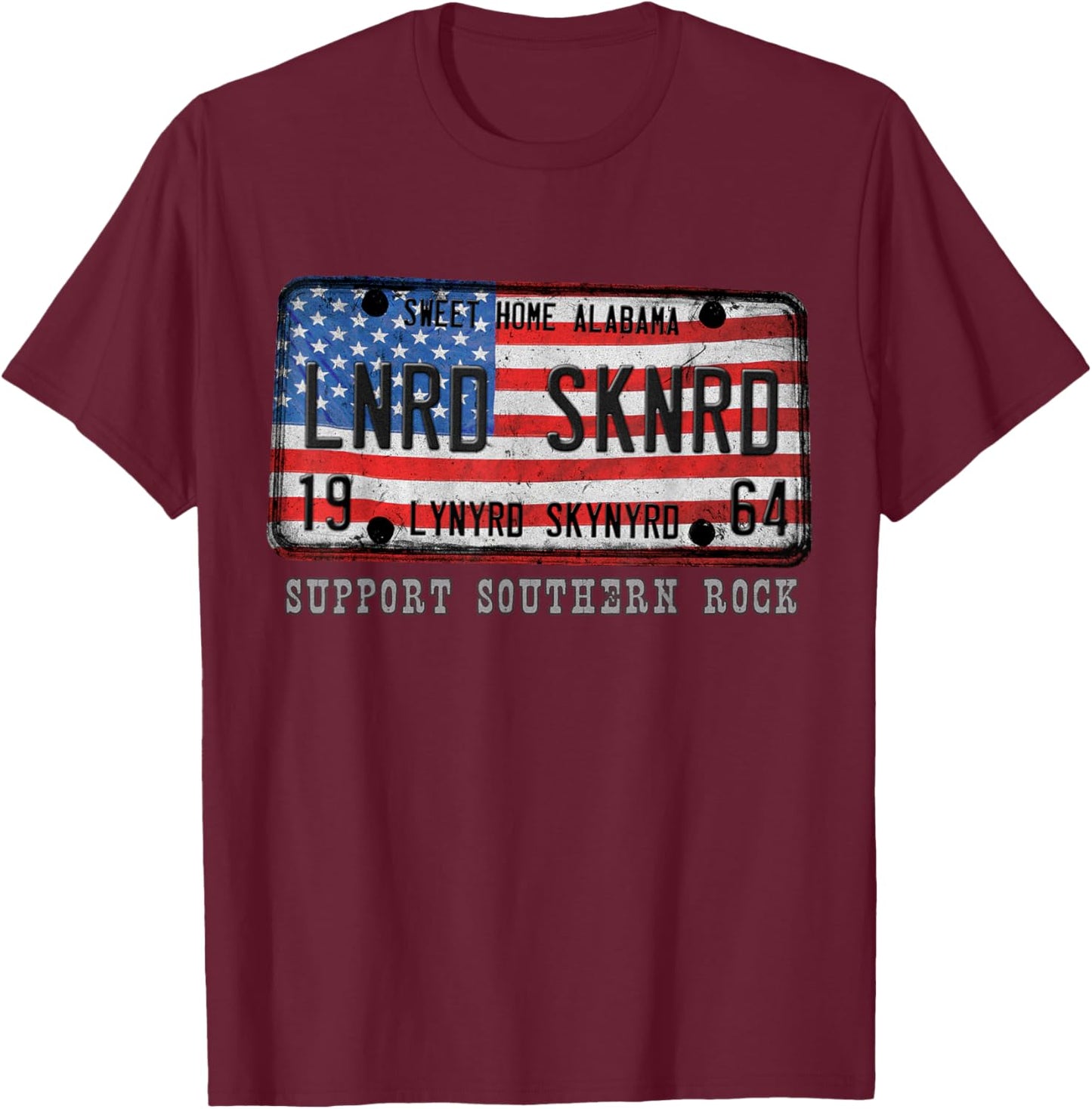 Lynyrd Skynyrd License Plate 1964 Sweet Home Alabama US Flag T-Shirt - T-Shirt | Maroon