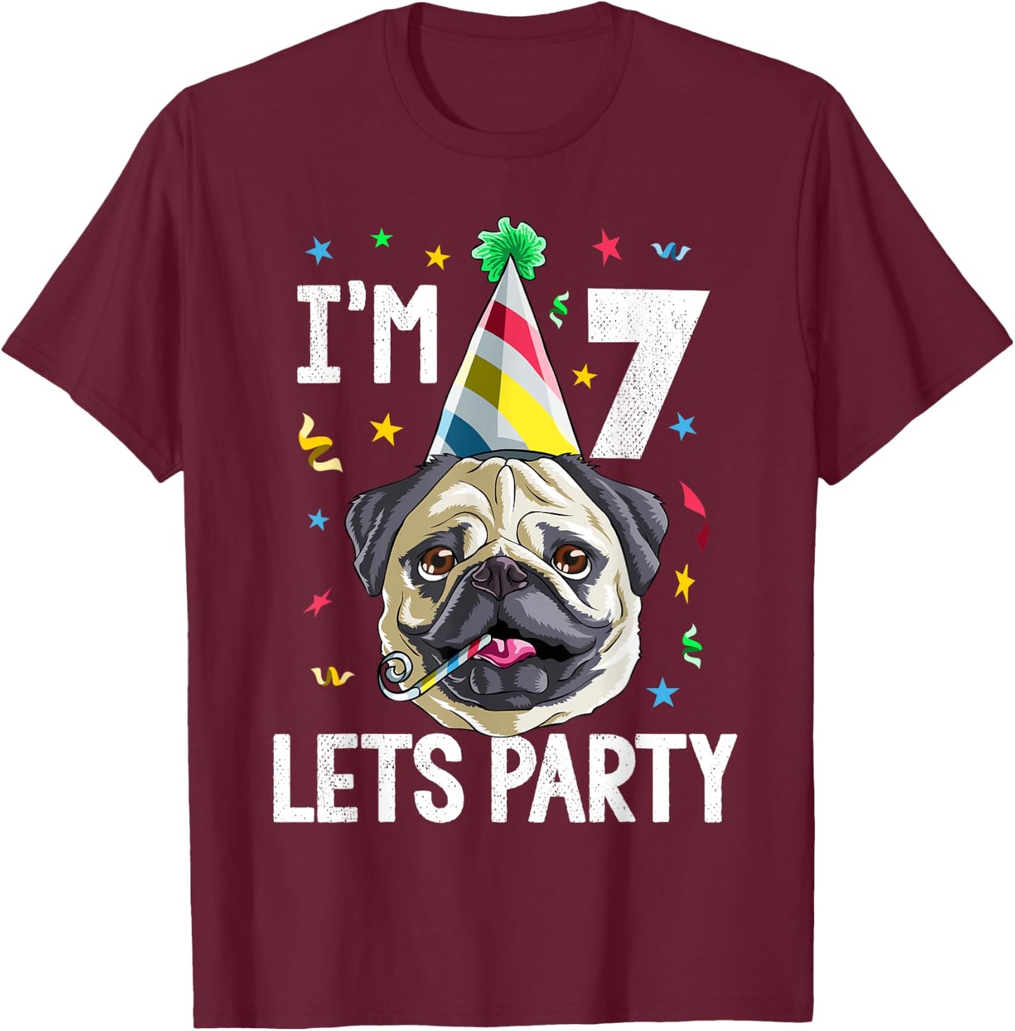 Pug Birthday 7th T Shirt Dog Kids Boys Girls Gift Party T-Shirt - T-Shirt | Maroon