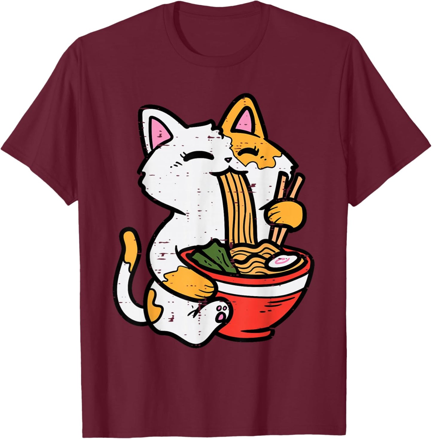 Cat Eating Ramen Cute Japanese Food Women Girls Kids T-Shirt - T-Shirt | Maroon