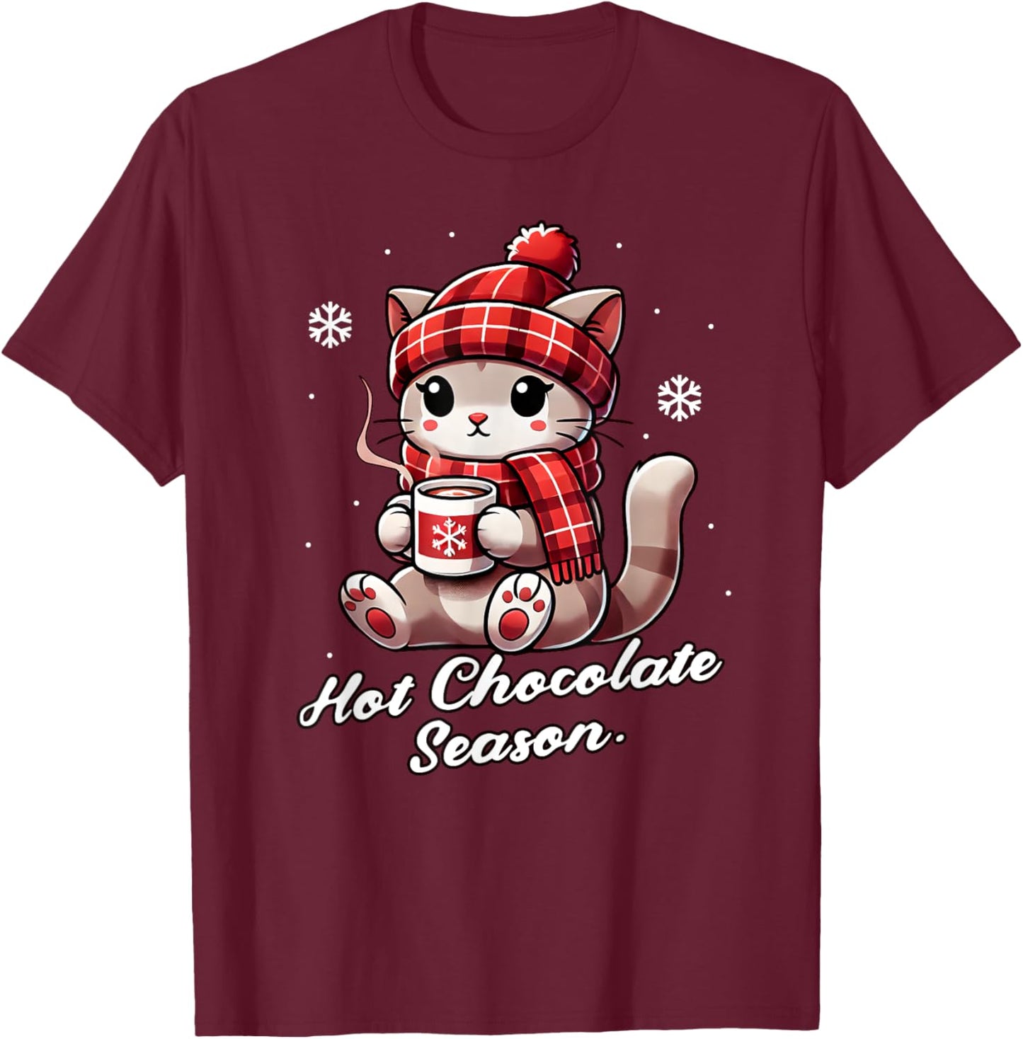 Funny Cat Hot Choco Season Merry Christmas Mom Dad Kids T-Shirt - T-Shirt | Maroon