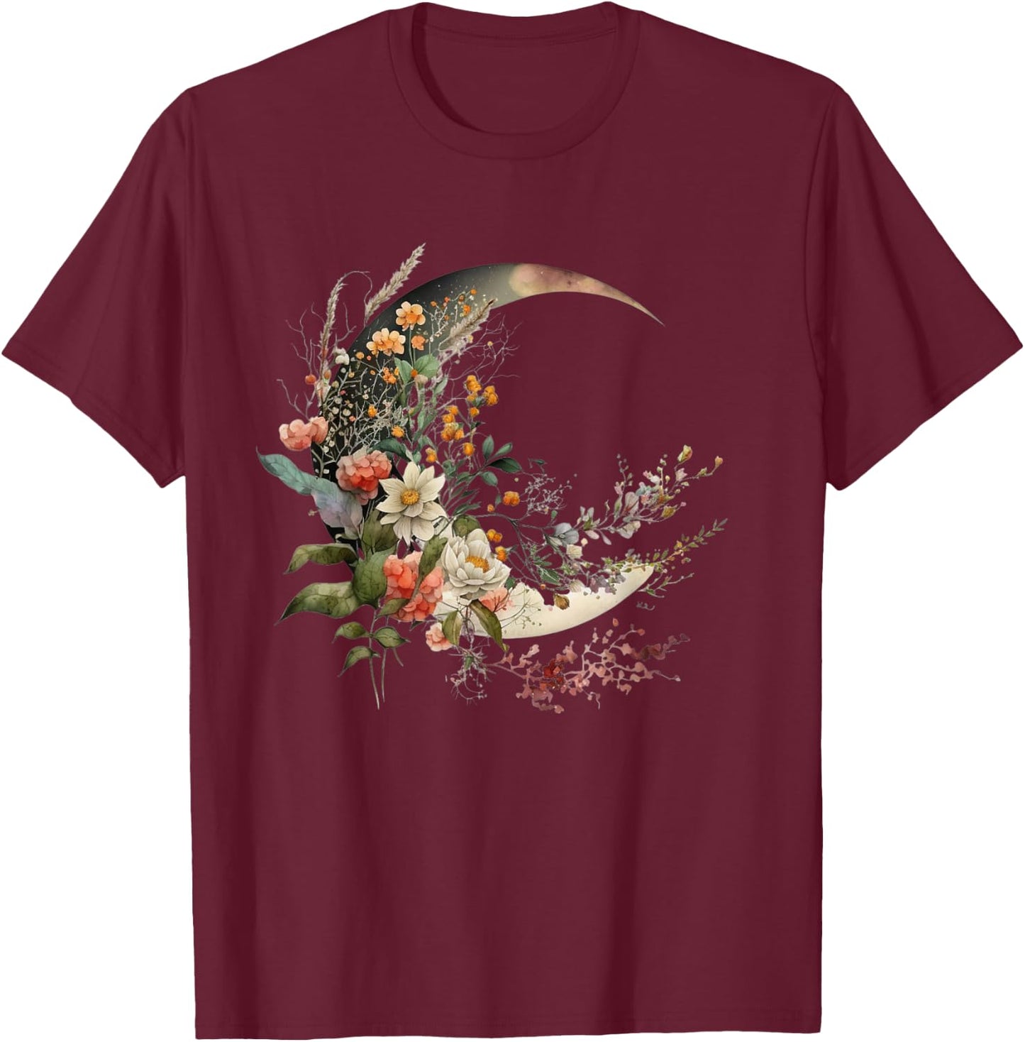 Floral Flower Crescent Moon T-Shirt - T-Shirt | Maroon