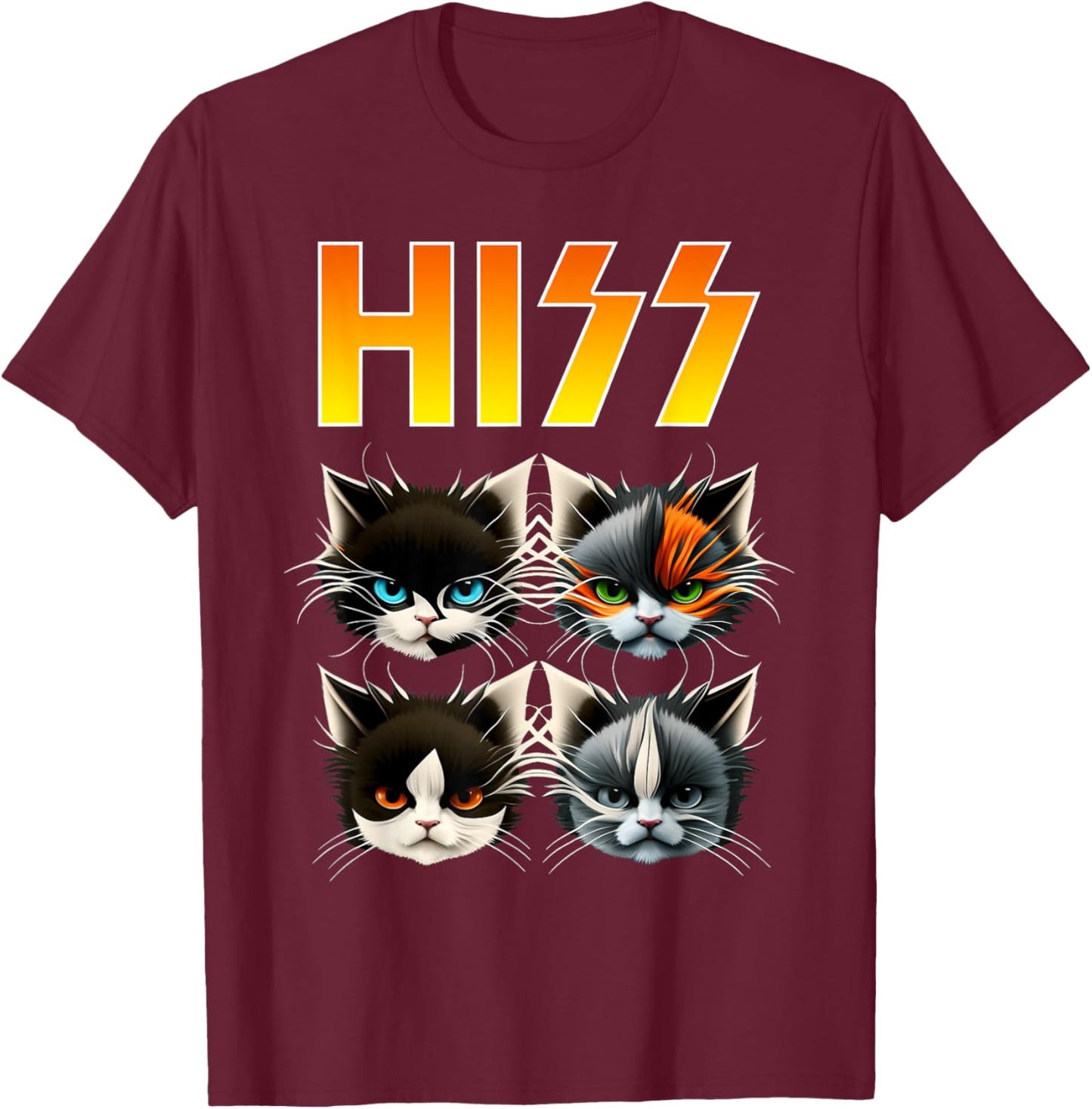 Hiss Funny Cats Rockin Outfit Apparel Design Rock Music Cat T-Shirt - T-Shirt | Maroon