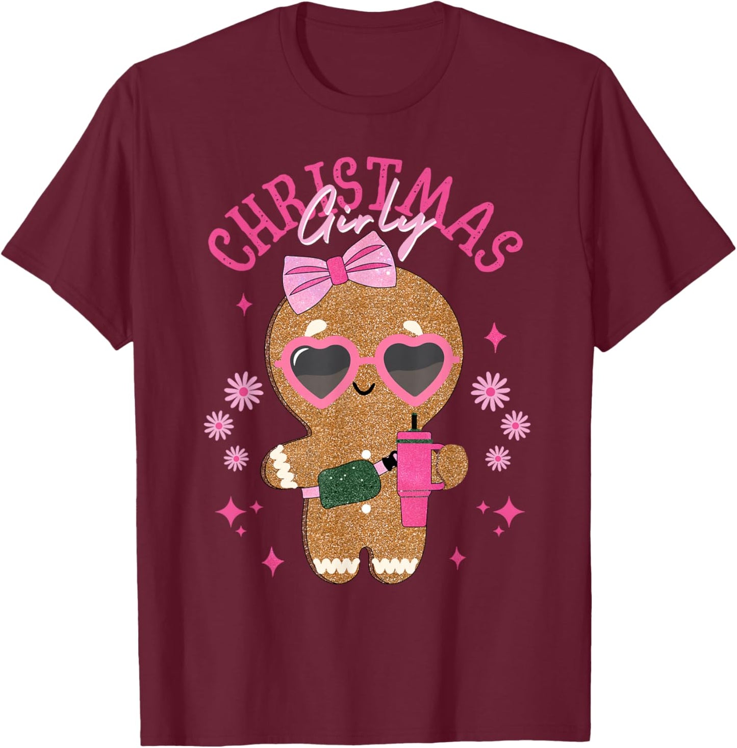 Coquette Bow Pink Gingerbread Christmas Girly Xmas Holiday T-Shirt - T-Shirt | Maroon