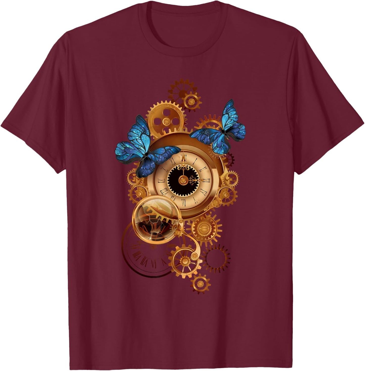 Steampunk Clock Gear and Butterflies Vintage Retro Aesthetic T-Shirt - T-Shirt | Maroon
