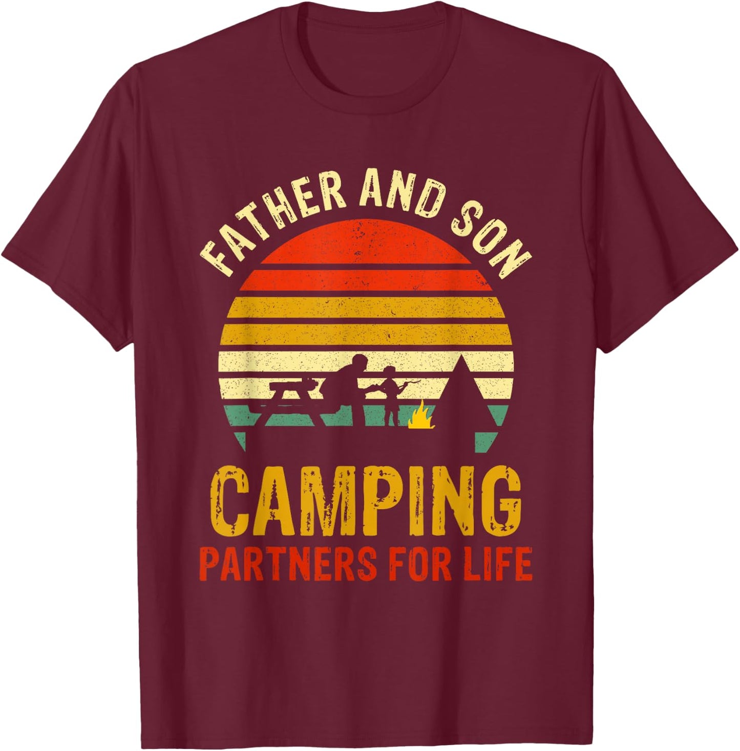 Vintage Dad And Son Camping Partners For Life Fathers Day T-Shirt - T-Shirt | Maroon