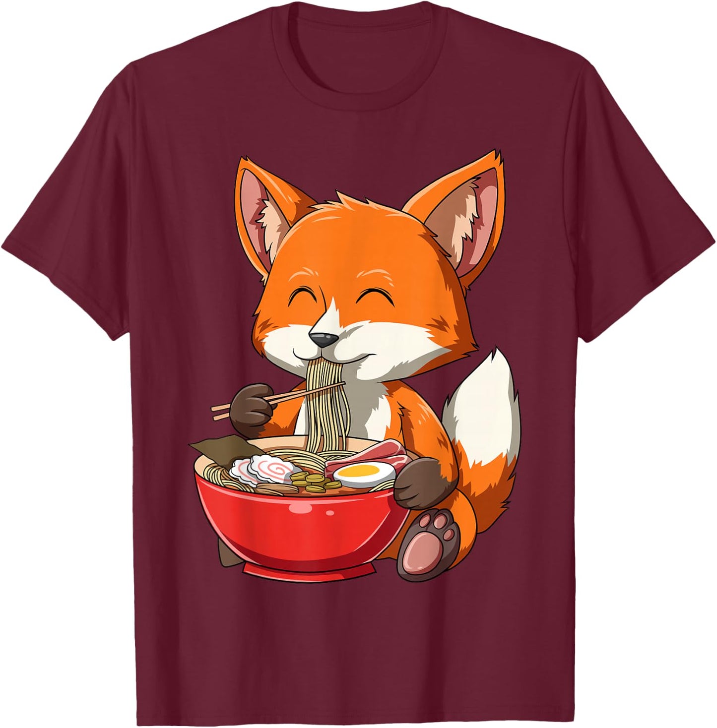 Fox Eating Ramen Ramen Noodle Lovers Fox Themed Gift T-Shirt - T-Shirt | Maroon
