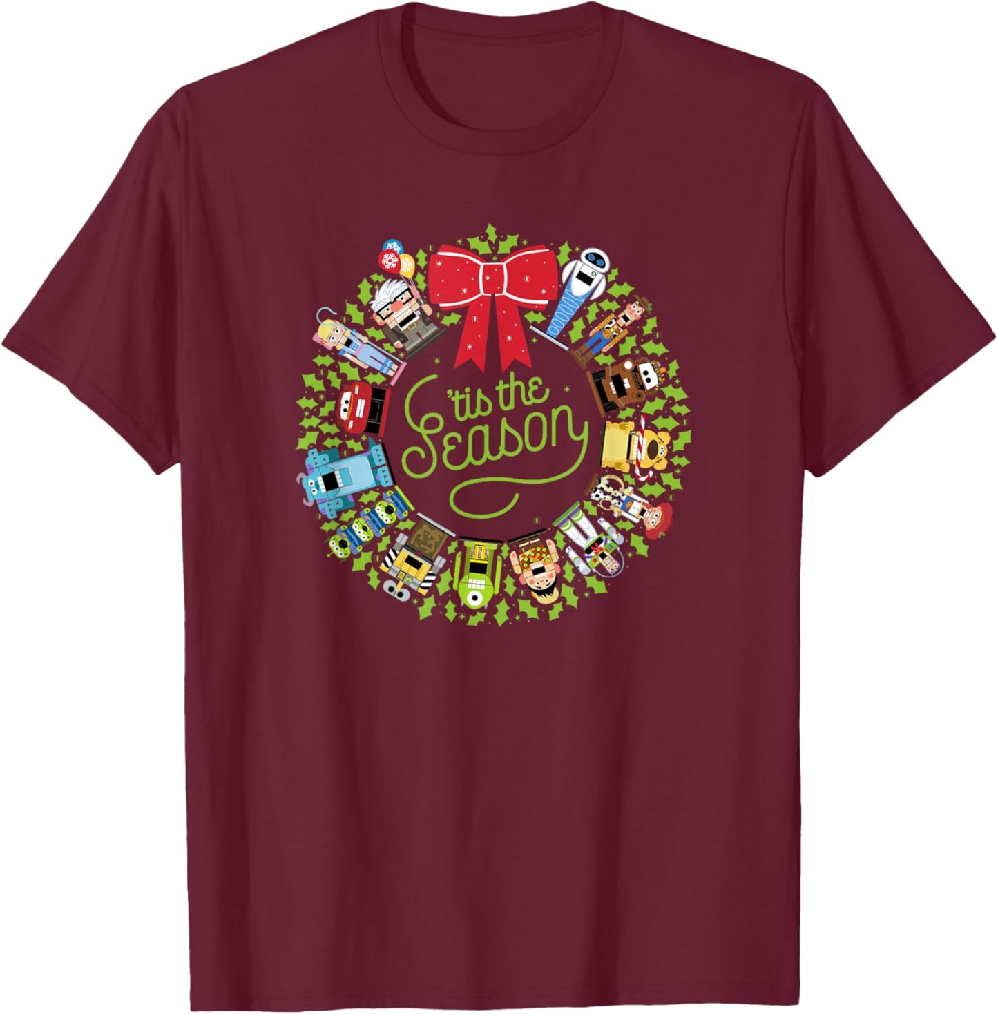 Disney Pixar Christmas Group Tis The Season Wreath T-Shirt - T-Shirt | Maroon