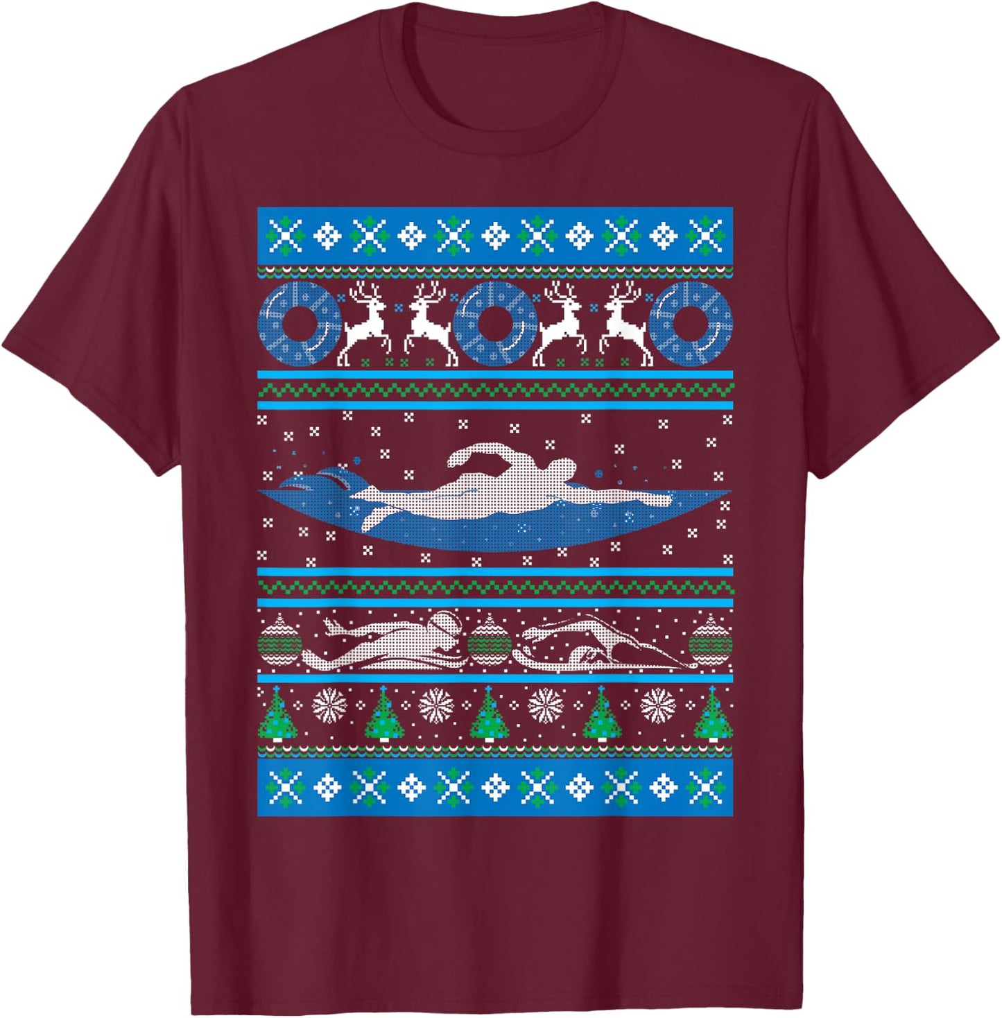 Swimmer Ugly Christmas Swimming Swim Team Holiday Xmas Gift T-Shirt - T-Shirt | Maroon