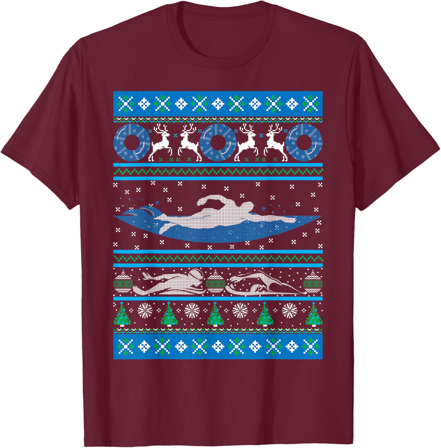 Swimmer Ugly Christmas Swimming Swim Team Holiday Xmas Gift T-Shirt - T-Shirt | Maroon