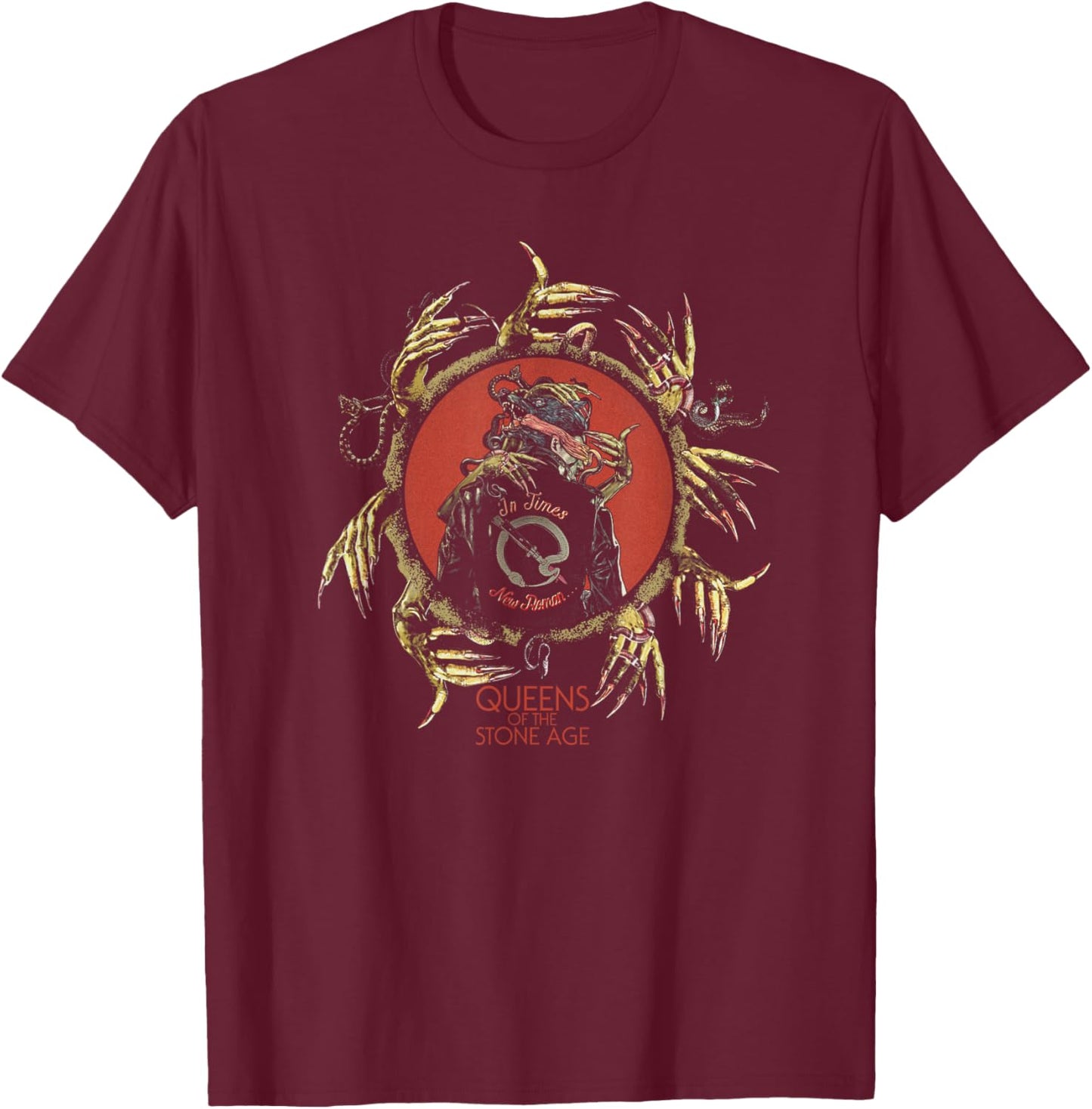 Official Queens of The Stone Age Hands in Times T-Shirt - T-Shirt | Maroon