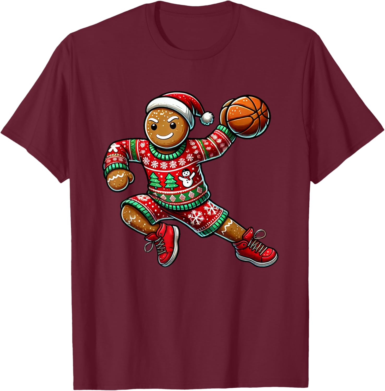 Basketball Christmas - -Adults, Kids - Black - Short Sleeve - - Novelty Design - Cotton Blend - Machine Wash - Size: Small T-Shirt - T-Shirt | Maroon