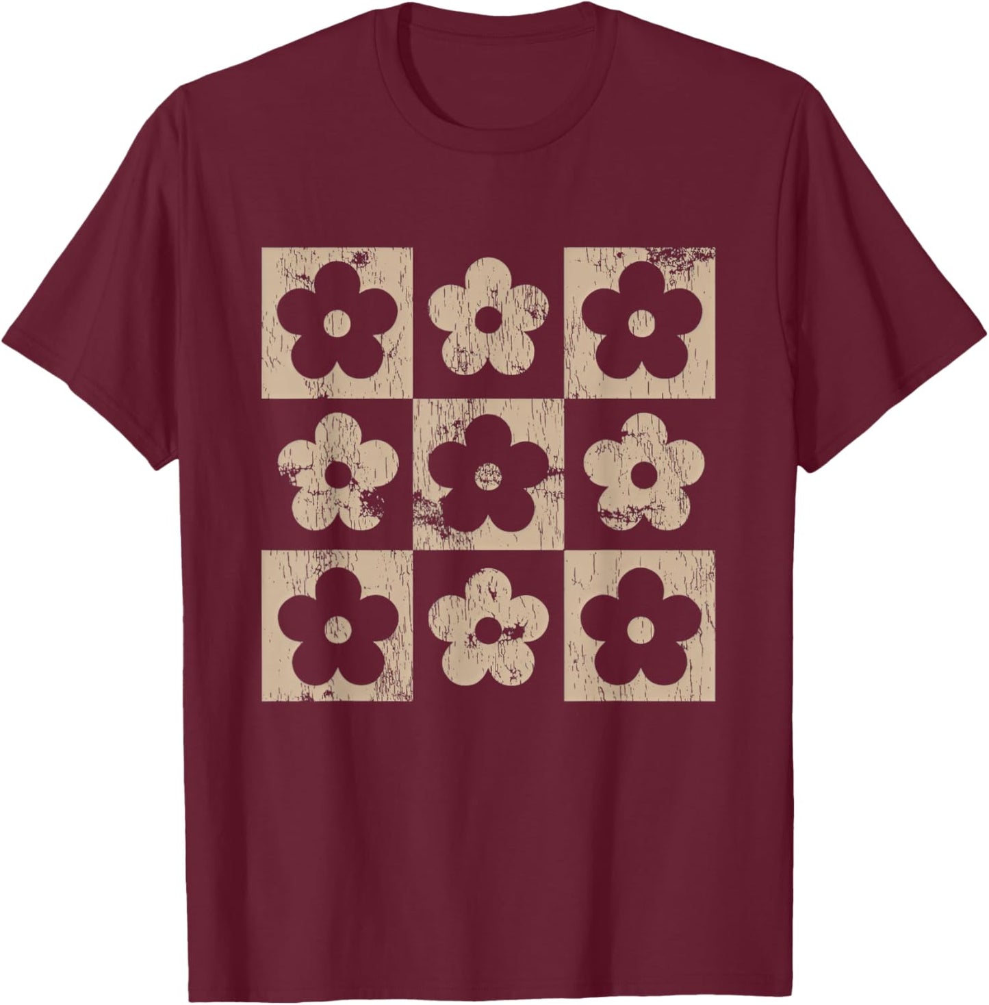 Neutral Checkerboard Daisy Flowers Retro Boho Floral Women T-Shirt - T-Shirt | Maroon