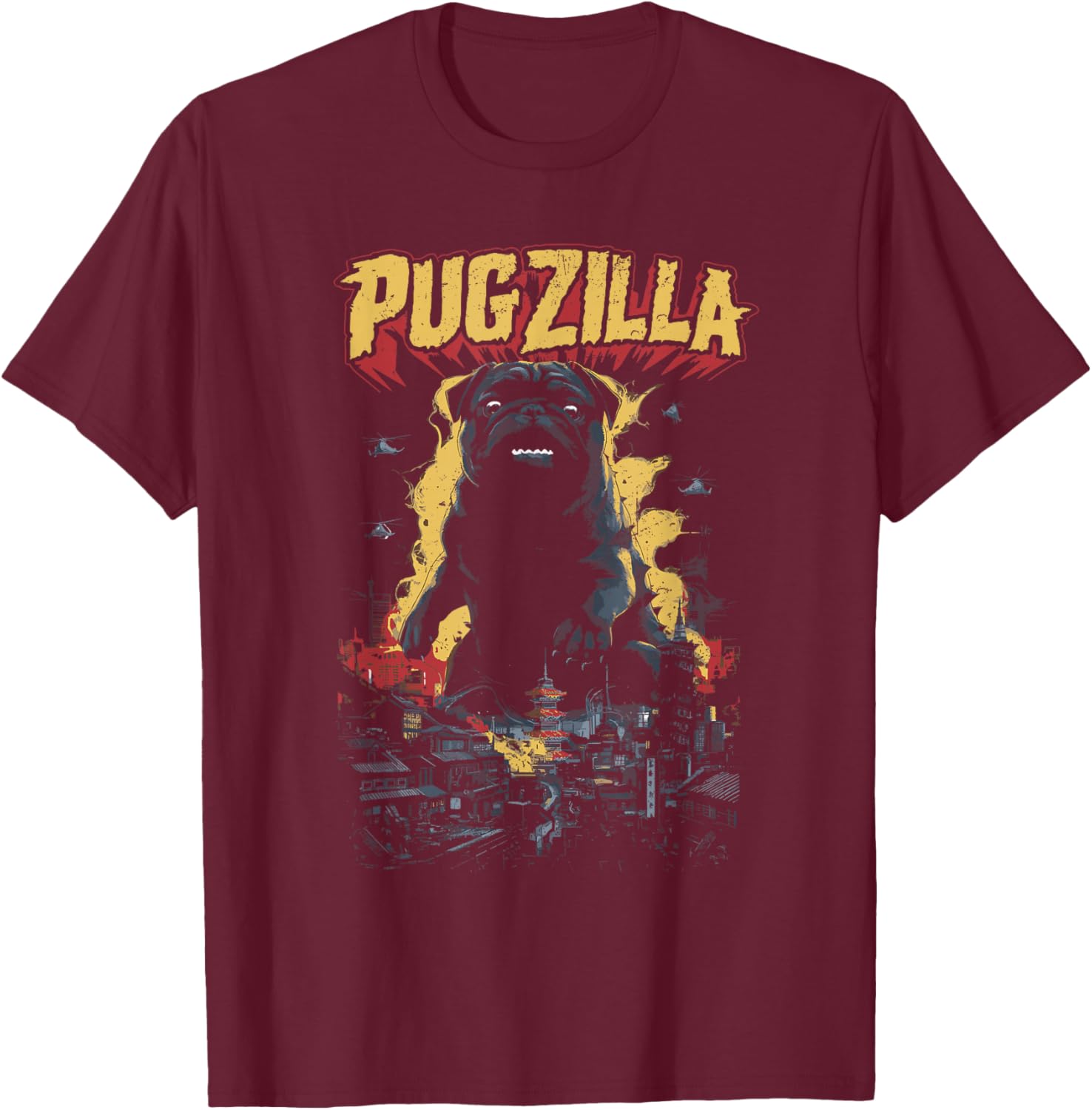 Pug Pet Dog Breed Pugzilla Funny Pug Lover Pug Owner Distressed -Adult Black Short Sleeve T-Shirt - T-Shirt | Maroon