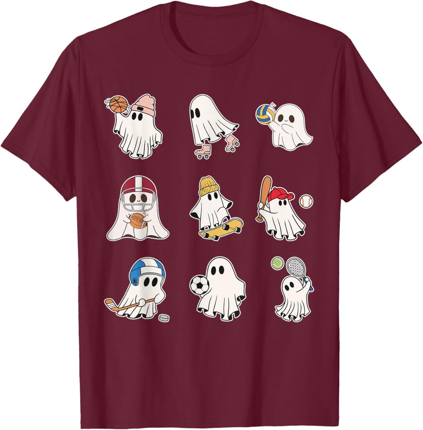 Sports Ghost Halloween Ghost Basketball Baseball Volleyball T-Shirt - T-Shirt | Maroon