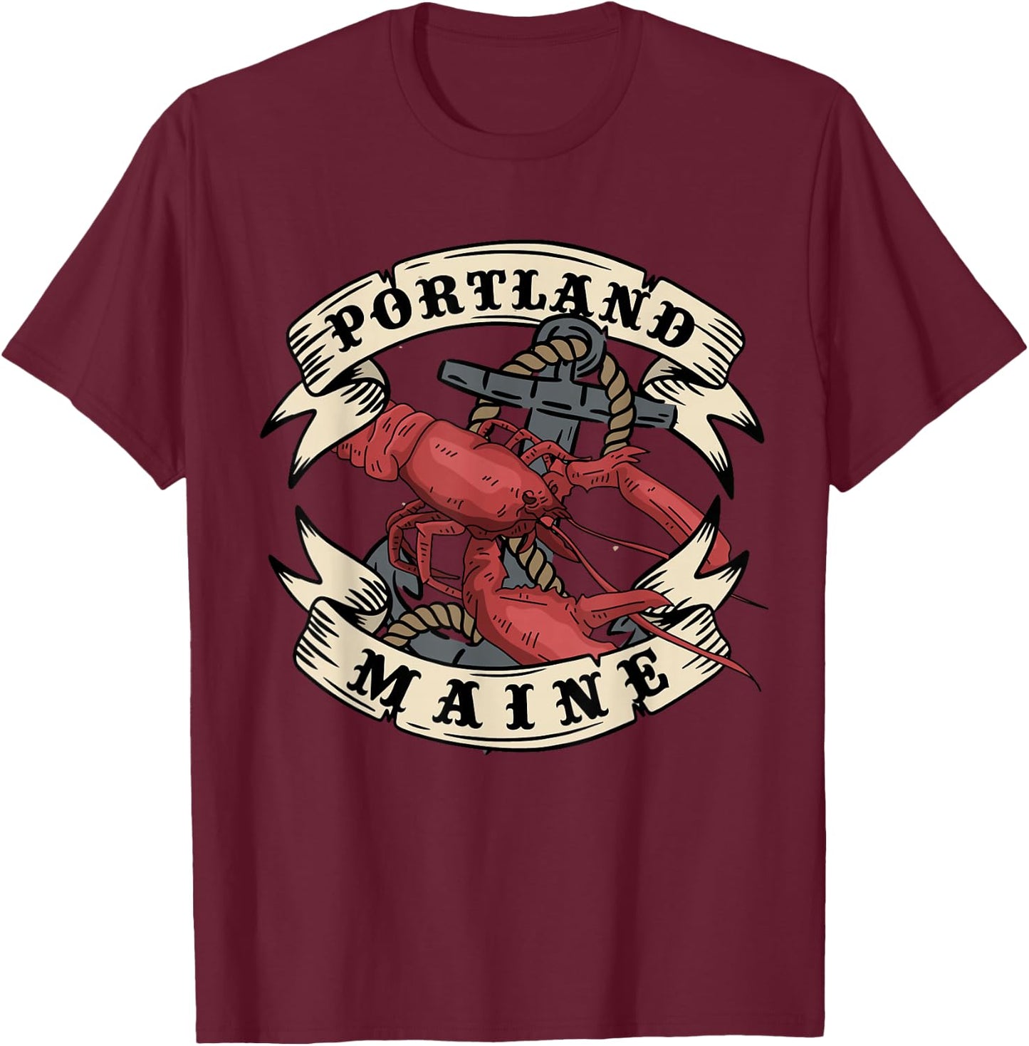 Portland Maine State Design Vintage Anchor and Lobster T-Shirt - T-Shirt | Maroon