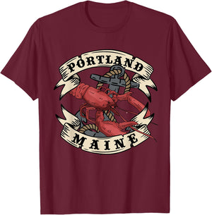 Portland Maine State Design Vintage Anchor and Lobster T-Shirt - T-Shirt | Maroon