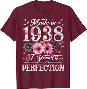 87 Year Old Made In 1938 Floral 87th Birthday Gift T-Shirt - T-Shirt | Maroon