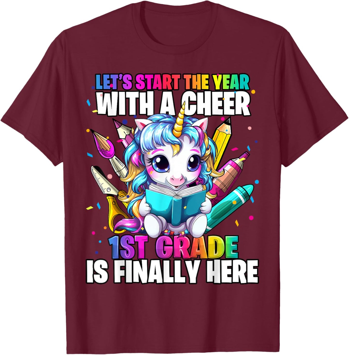 Unicorn 1st Grade Back to School First Day of School Girls T-Shirt - T-Shirt | Maroon
