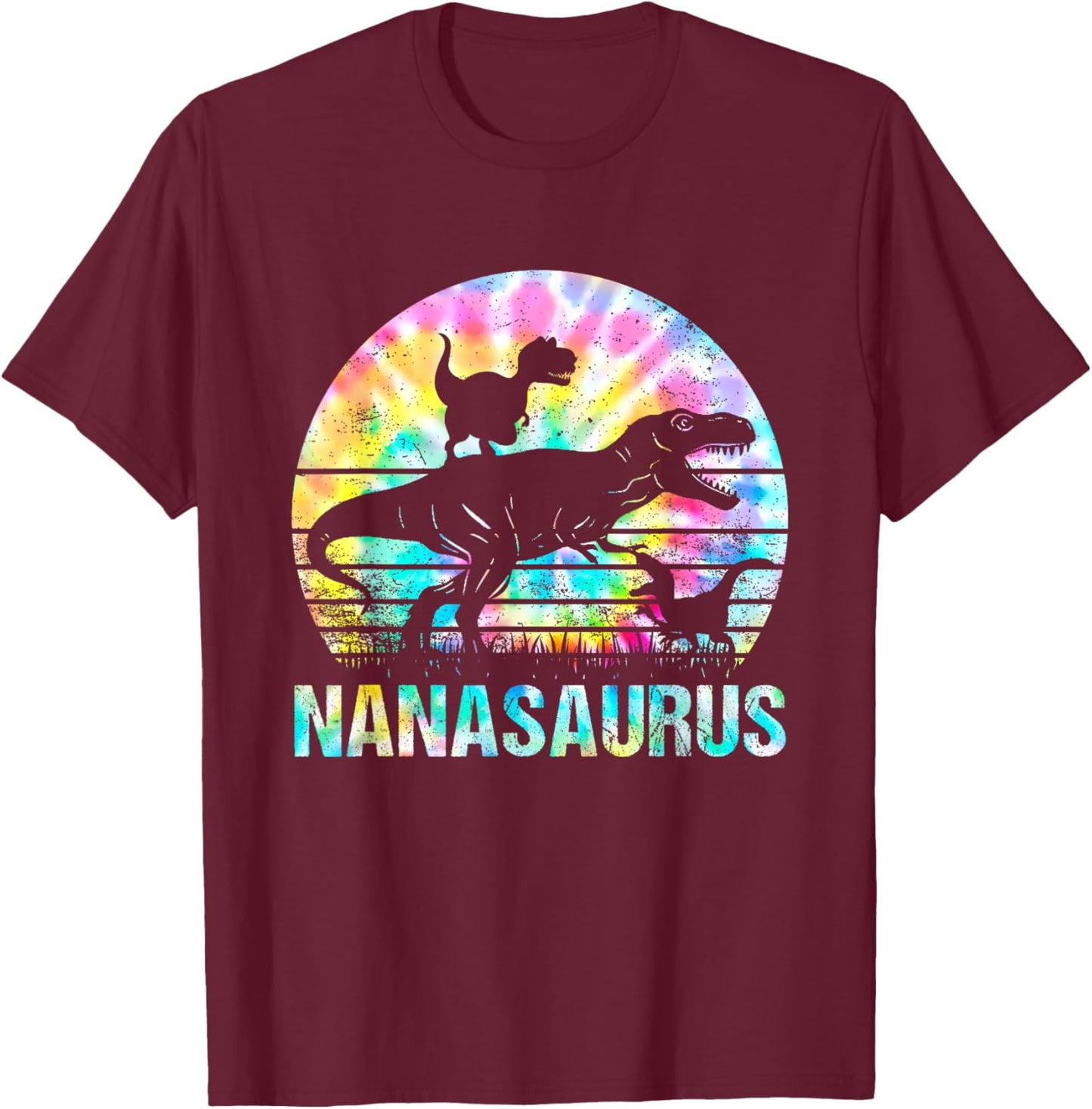 Nanasaurus T Rex Dinosaur Mom Saurus Tie Dye Vintage 70s T-Shirt - T-Shirt | Maroon