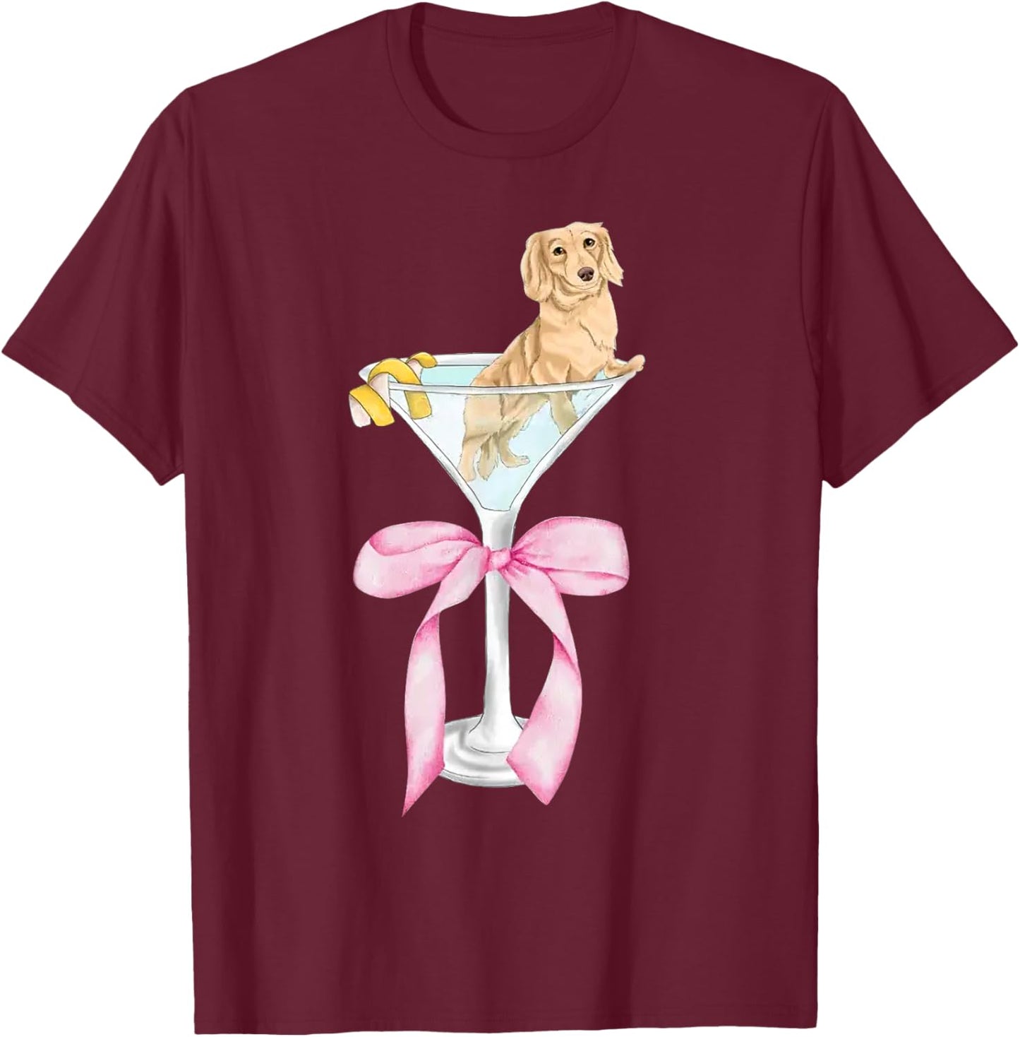 Funny Dachshund Dog With Martini Glass Coquette Pink Bow T-Shirt - T-Shirt | Maroon