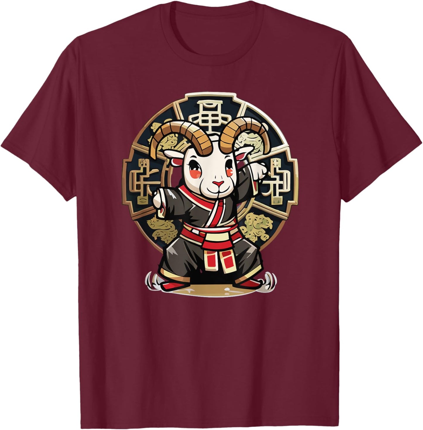 Monkey Style Studios Cute Kawaii Asian Chinese Goat Ram Zodiac Lunar New Year , Small, Black T-Shirt - T-Shirt | Maroon