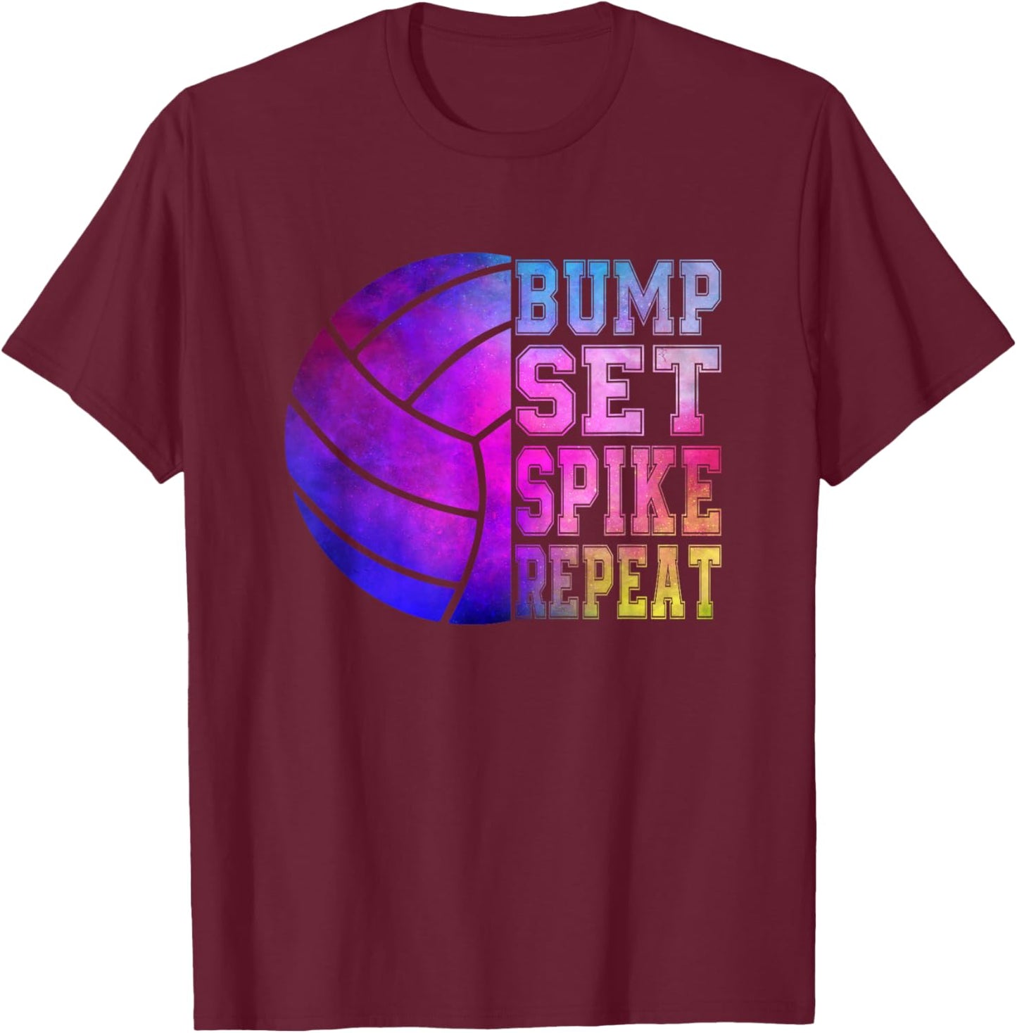Colorful Teen Girls Volleyball Bump Set Spike Repeat T-Shirt - T-Shirt | Maroon