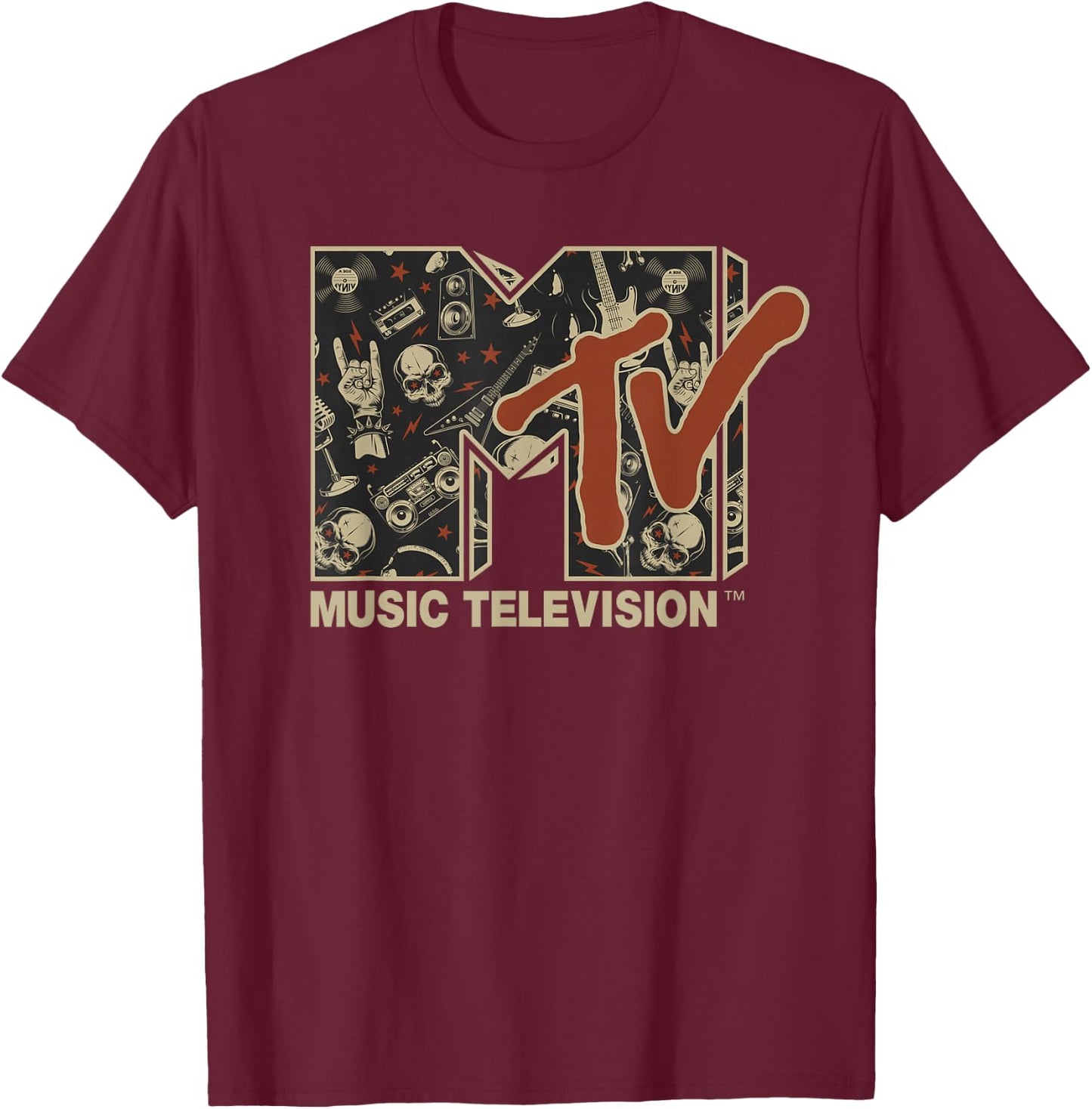 MTV Rock n Roll Music Hard Heavy Metal Skull Guitar Vintage T-Shirt - T-Shirt | Maroon