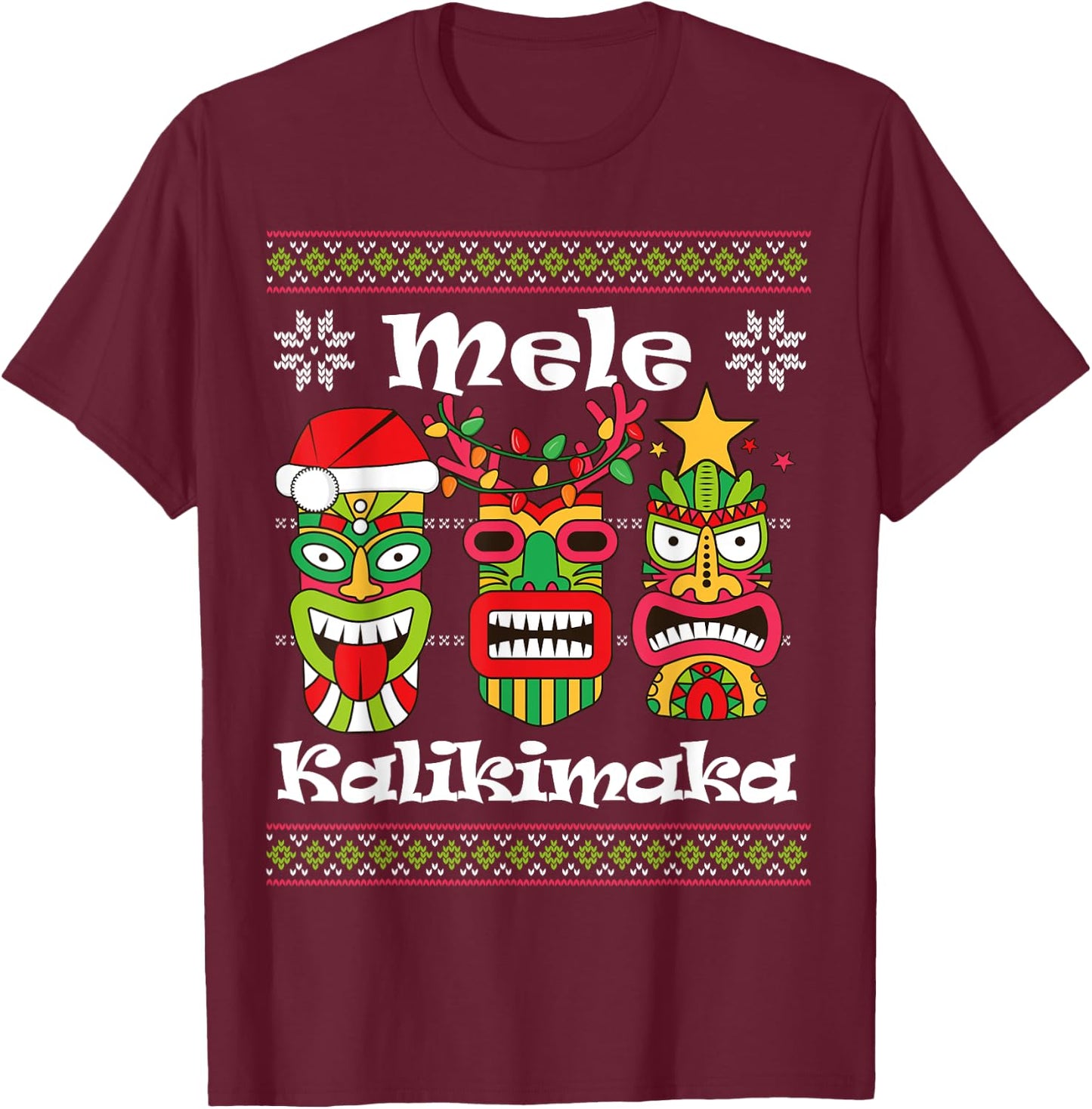 Mele Kalikimaka Christmas Hawaiian Santa Tiki Ugly Xmas T-Shirt - T-Shirt | Maroon