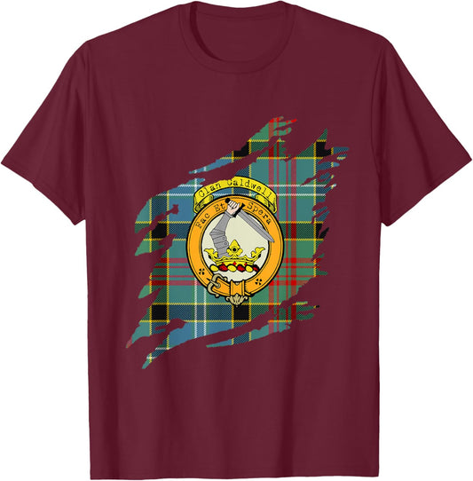 Caldwell Clan Crest and Tartan Scottish Surname T-Shirt - T-Shirt | Maroon
