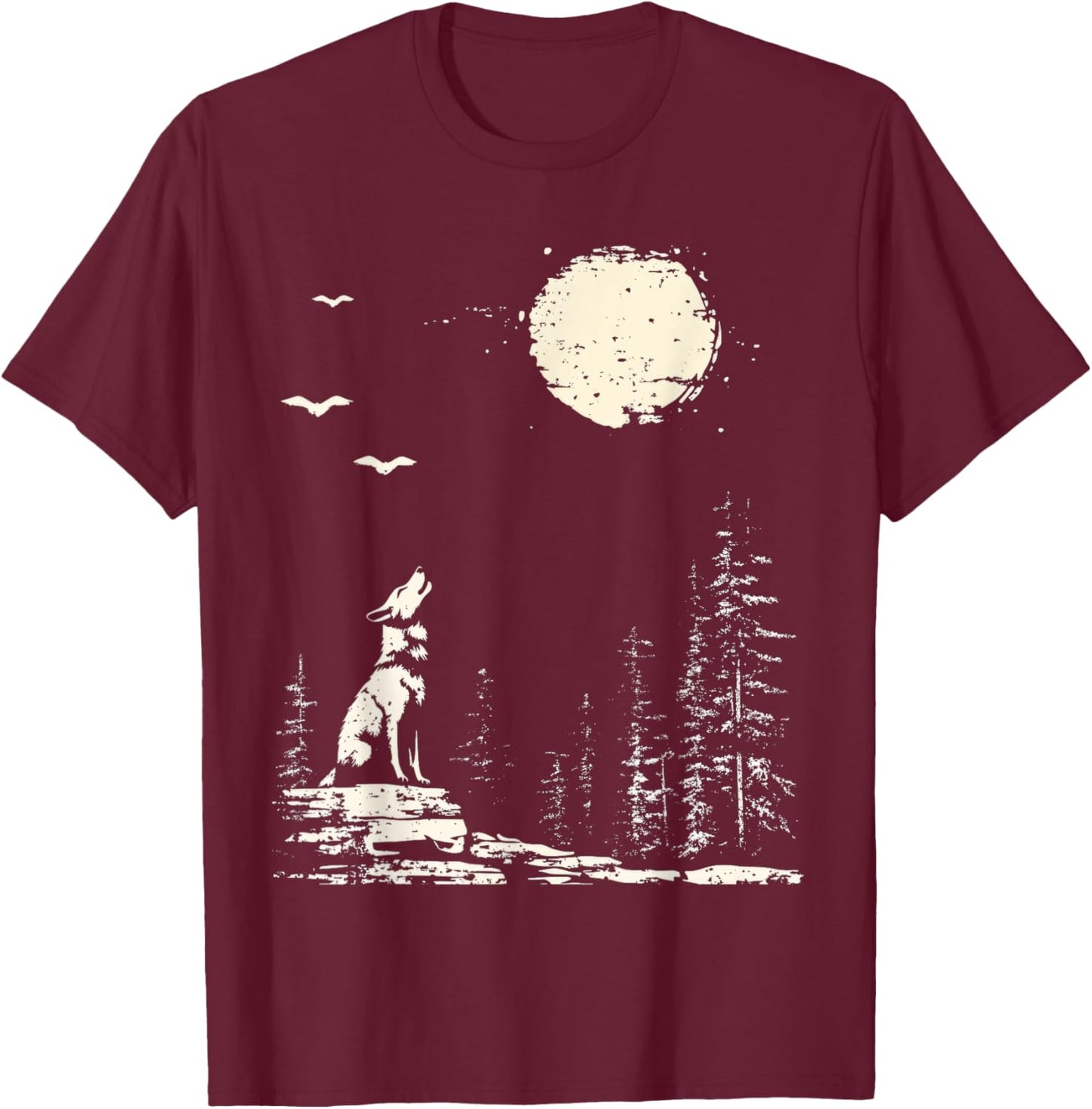 Wolf Forest Nature Wolf And Moon Wildlife T-Shirt - T-Shirt | Maroon