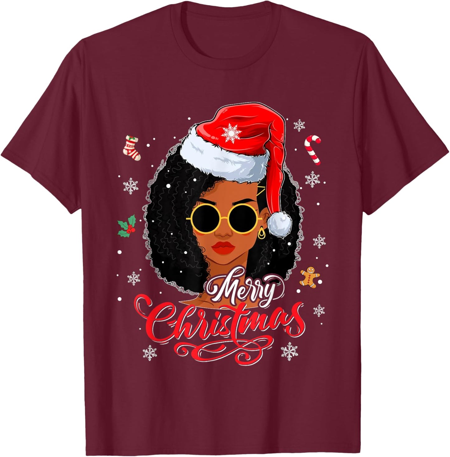 Merry Christmas Black African American Xmas Santa Melanin T-Shirt - T-Shirt | Maroon