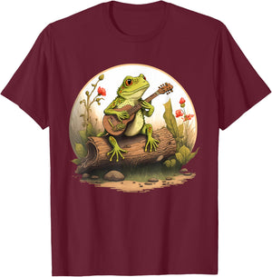 Frog Playing Guitar Frog Playing Banjo On Log Aesthetic T-Shirt - T-Shirt | Maroon