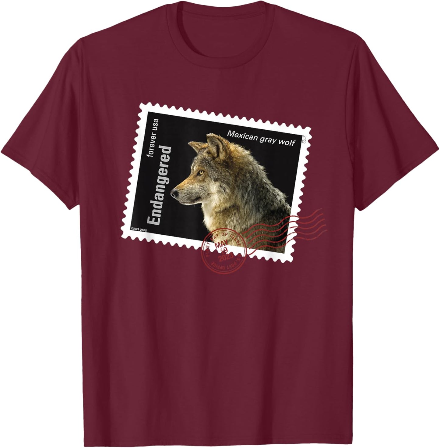 USPS Endangered Species Mexican Gray Wolf Postmark T-Shirt - T-Shirt | Maroon
