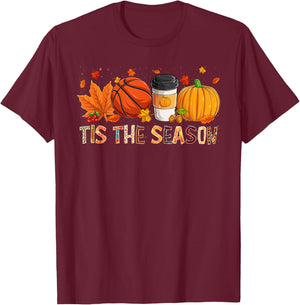 The Season Leopard Pumpkin Basketball Halloween Fall Leaf T-Shirt - T-Shirt | Maroon