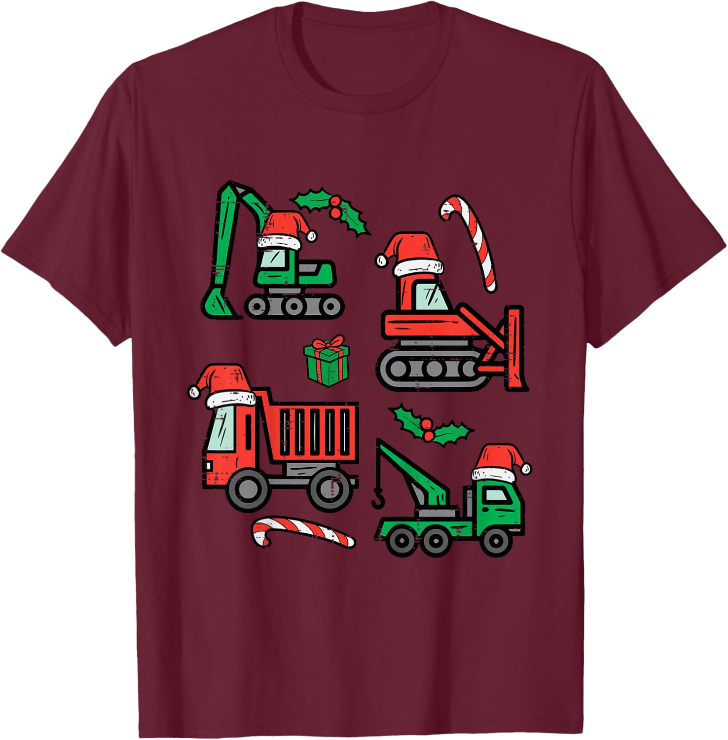 Kids Christmas Construction Vehicles Truck Xmas Boys Kids Toddler T-Shirt - T-Shirt | Maroon