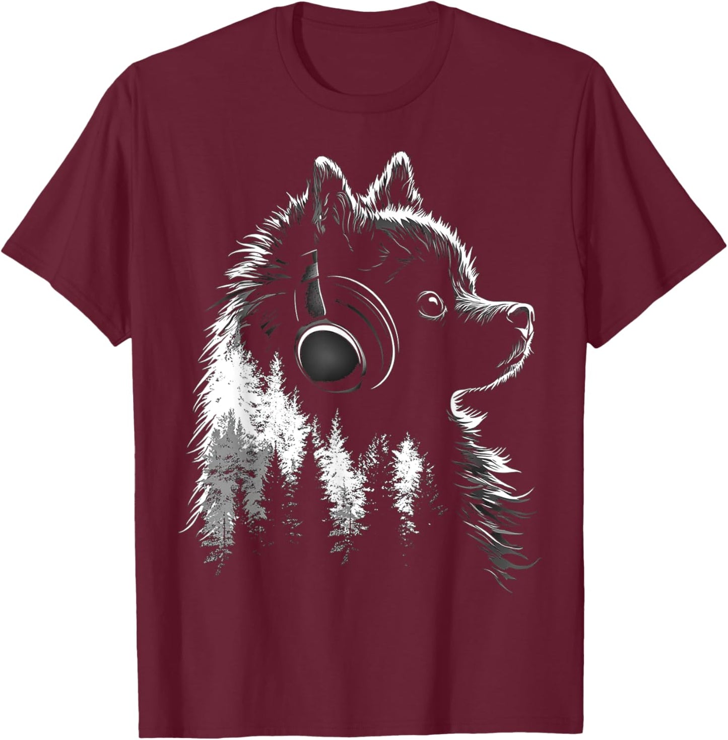 Pomeranian Dog Motif Pet Music Headphone Pomeranian T-Shirt - T-Shirt | Maroon