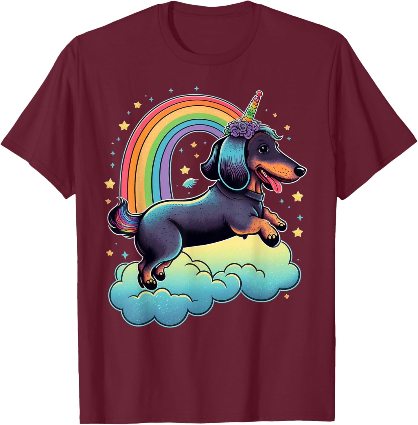 Dachshund Unicorn on Rainbow Unicorn Dachshund T-Shirt - T-Shirt | Maroon