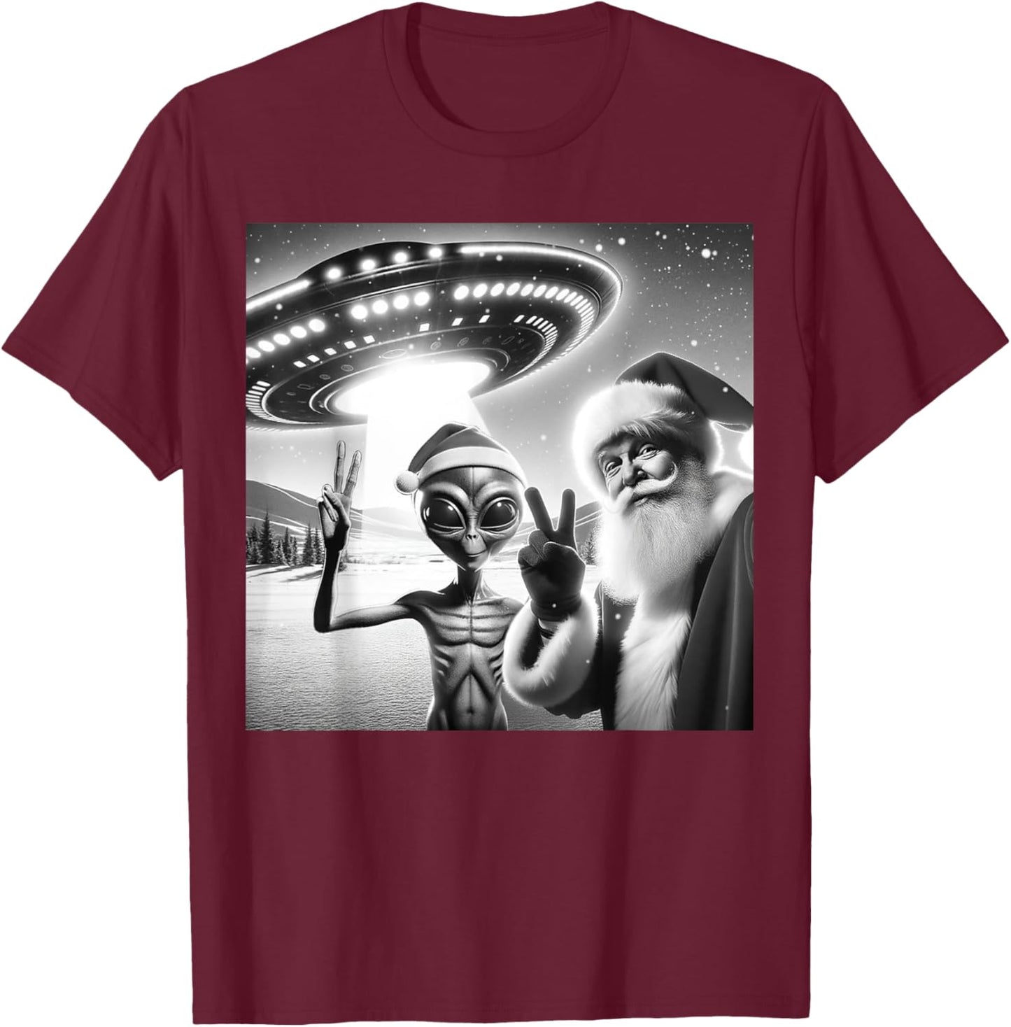 Funny Santa Selfie Alien UFO Lover Peace Sign Ugly Christmas T-Shirt - T-Shirt | Maroon