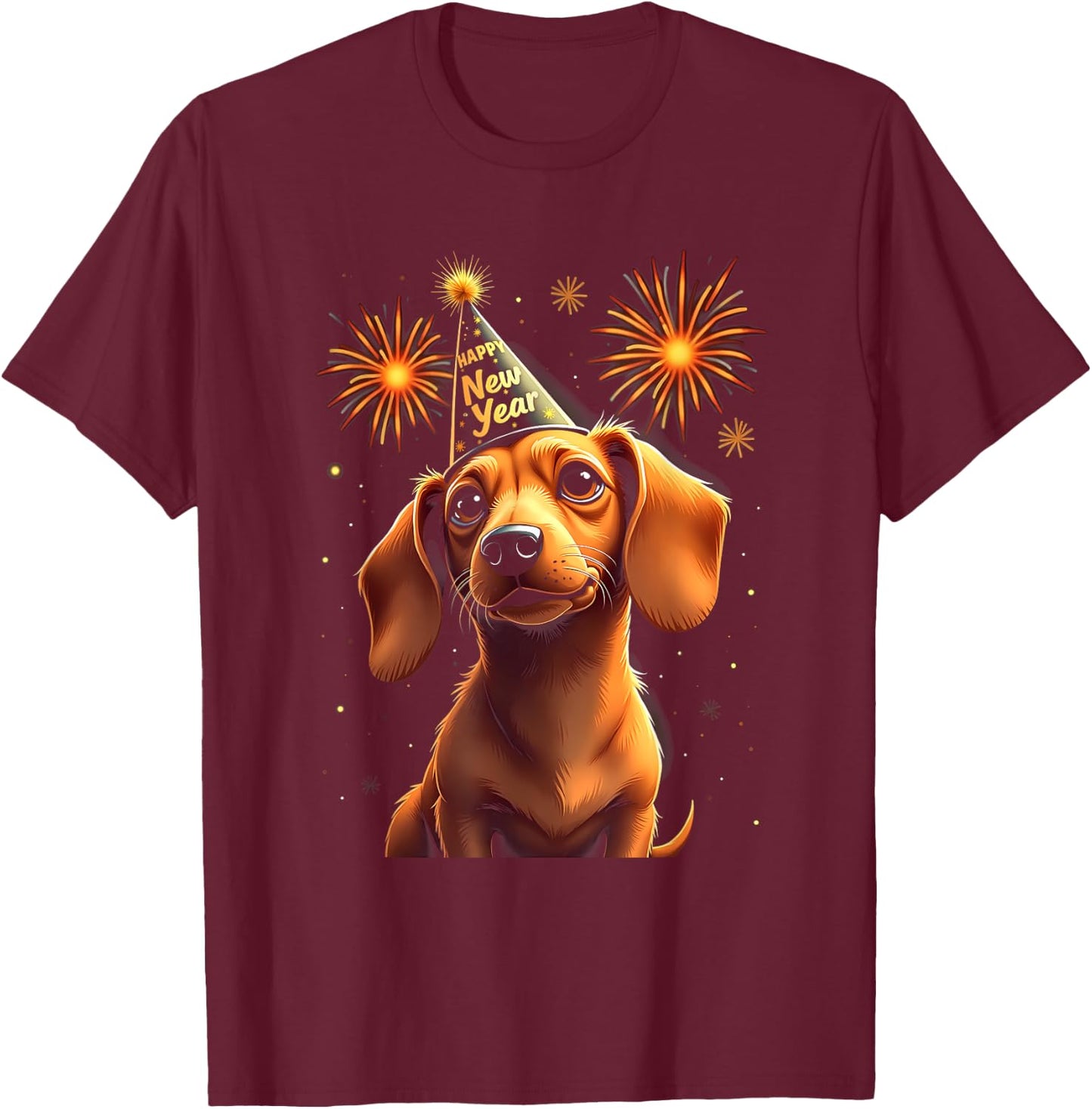 Happy New Year 2025 Eve Firework Dog Funny Dachshund Women Kids T-Shirt - T-Shirt | Maroon